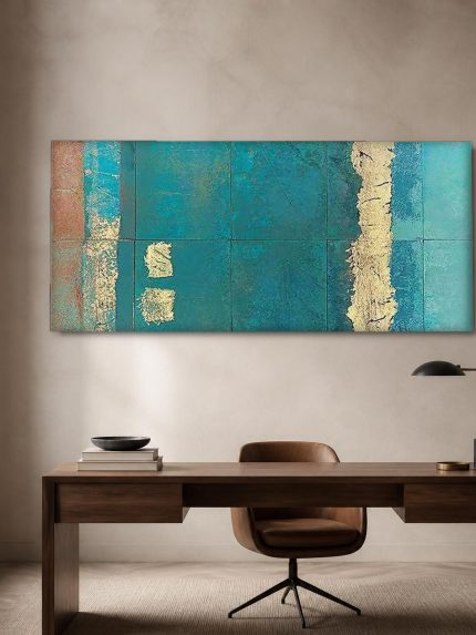 Turkoois met Bladgoud, Abstract & Modern schilderij aan de muur in interieur