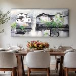 Waterdorp in Ochtendmist, Steden & Skylines schilderij aan de muur in interieur
