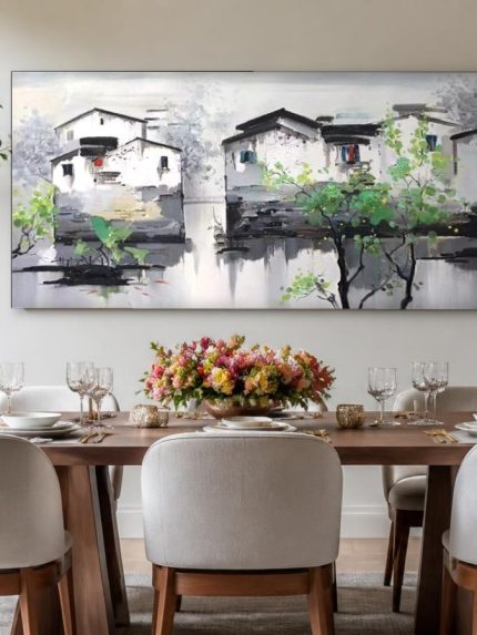 Waterdorp in Ochtendmist, Steden & Skylines schilderij aan de muur in interieur