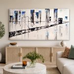 Skyline met hangbrug, Steden & Skylines schilderij aan de muur in interieur