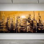Wolkenkrabbers in Goudlicht, Steden & Skylines schilderij aan de muur in interieur