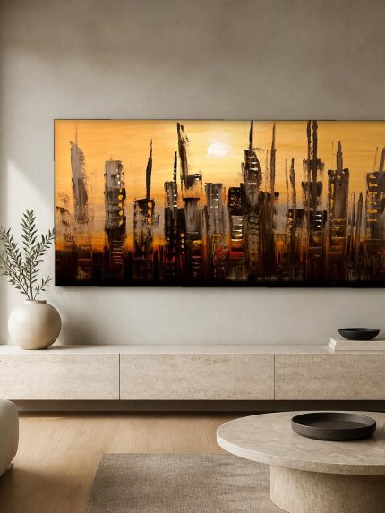 Skyline in Gouden Gloed, Steden & Skylines schilderij aan de muur in interieur