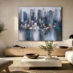 Wazige Wolkenkrabbers aan het Water, Steden & Skylines schilderij aan de muur in interieur