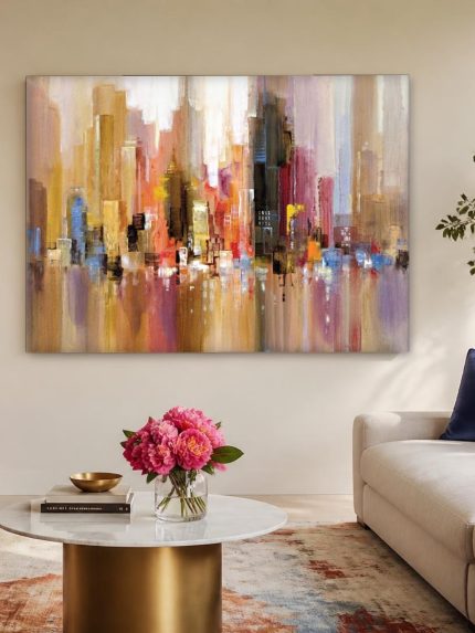 Skyline in Warm Licht, Steden & Skylines schilderij aan de muur in interieur
