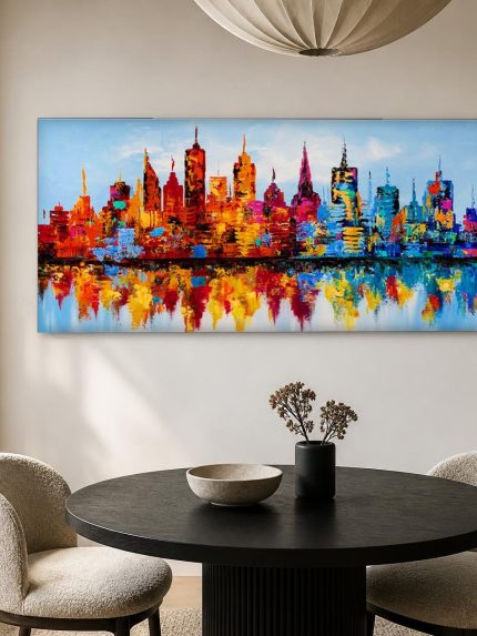 Skyline in Regenboogkleuren, Steden & Skylines schilderij aan de muur in interieur