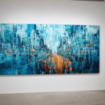 Blauwe Metropool in Regen, Steden & Skylines schilderij aan de muur in interieur