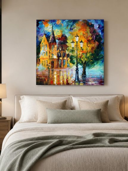 Lantaarnlicht in de Regen, Steden & Skylines schilderij aan de muur in interieur