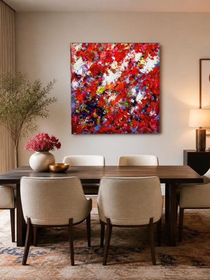 Rood Vuurwerk in Impasto, Abstract & Modern schilderij aan de muur in interieur