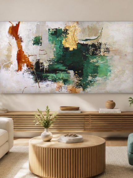 Groene Vlakken met Roest en Bladgoud, Abstract & Modern schilderij aan de muur in interieur