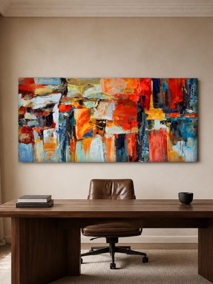 Vlammend Kleurenspel, Abstract & Modern schilderij aan de muur in interieur