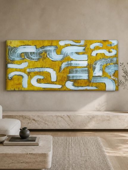 Golvend Ritme in Goud, Abstract & Modern schilderij aan de muur in interieur