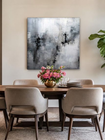 Grijze Regenval, Abstract & Modern schilderij aan de muur in interieur