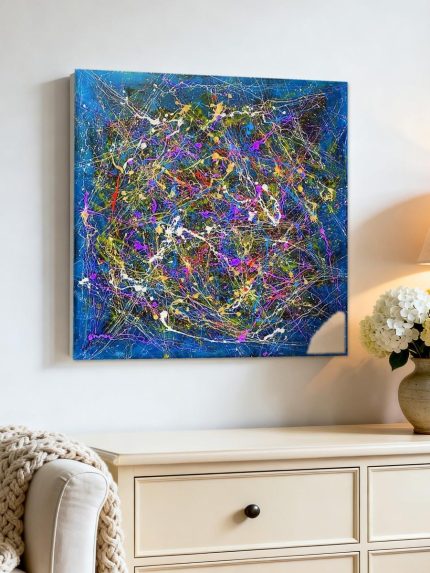 Blauwe Explosie, Abstract & Modern schilderij aan de muur in interieur