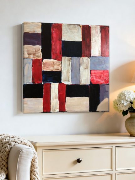 Rasterspel in Rood en Zwart, Abstract & Modern schilderij aan de muur in interieur