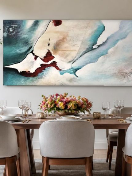 Aquarelvloed in Turquoise, Abstract & Modern schilderij aan de muur in interieur
