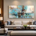 Turquoise Compositie in Beweging, Abstract & Modern schilderij aan de muur in interieur
