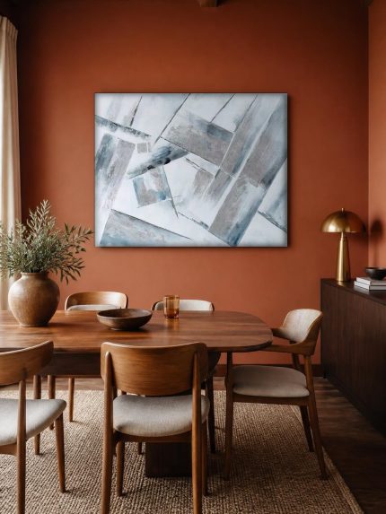 Grijze Vlakken in Beweging, Abstract & Modern schilderij aan de muur in interieur