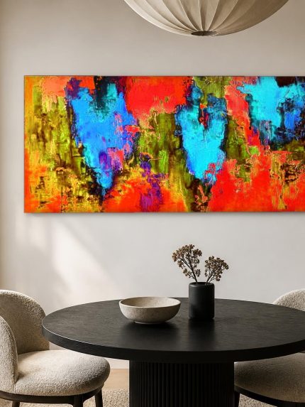 Turkoois Trio in Vuurgloed, Abstract & Modern schilderij aan de muur in interieur