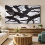 Zwarte Takken in Wit, Abstract & Modern schilderij aan de muur in interieur