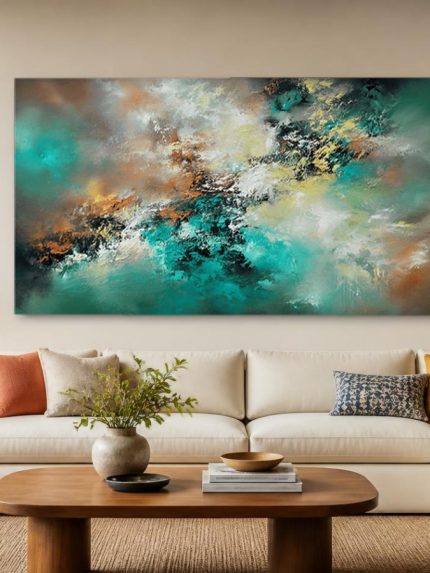 Stromend Turkoois, Abstract & Modern schilderij aan de muur in interieur