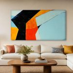 Geometrische Vlakken in Oranje en Blauw, Abstract & Modern schilderij aan de muur in interieur