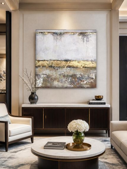 Gouden Rivier, Abstract & Modern schilderij aan de muur in interieur