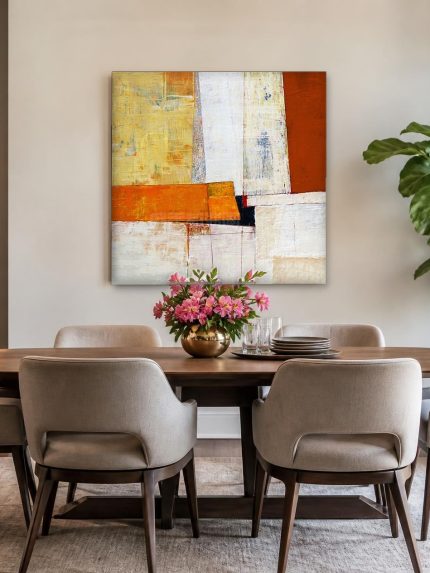Geometrisch Spel in Oker, Abstract & Modern schilderij aan de muur in interieur