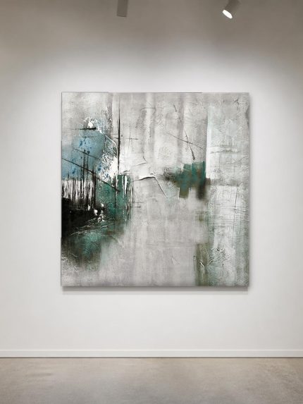Grijze Textuur met Turquoise Accent, Abstract & Modern schilderij aan de muur in interieur