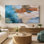 Blauw-Terracotta Reliëf, Abstract & Modern schilderij aan de muur in interieur