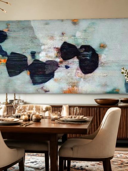 Zwarte Stenen in Mistgroen, Abstract & Modern schilderij aan de muur in interieur