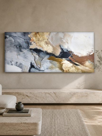 Gouden Breuklijnen, Abstract & Modern schilderij aan de muur in interieur