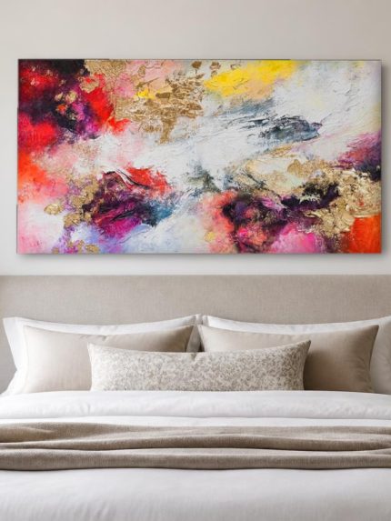 Kleurrapsodie in Goud, Abstract & Modern schilderij aan de muur in interieur