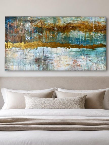Gouden Horizonlijnen, Abstract & Modern schilderij aan de muur in interieur