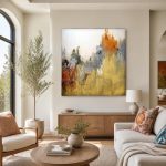 Okergouden Textuur, Abstract & Modern schilderij aan de muur in interieur