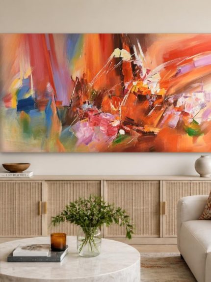 Vurige Compositie, Abstract & Modern schilderij aan de muur in interieur