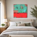 Turquoise en Rood Contrast, Abstract & Modern schilderij aan de muur in interieur