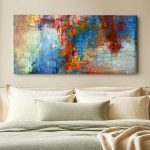 Kleurexplosie in Blauw en Oker, Abstract & Modern schilderij aan de muur in interieur