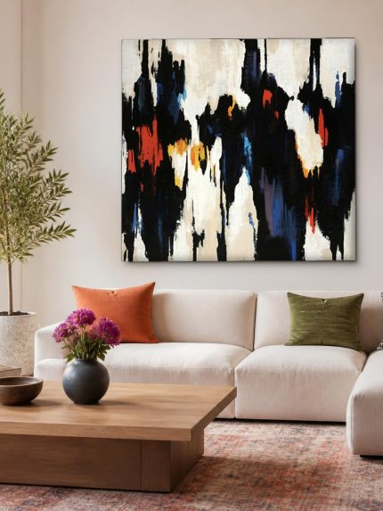Ritmische Zwarte Druppels, Abstract & Modern schilderij aan de muur in interieur