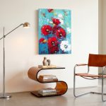 Klaprozen in Turquoise, Bloemen & Stilleven schilderij aan de muur in interieur