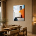 Geometrische Compositie in Oker en Wit, Abstract & Modern schilderij aan de muur in interieur