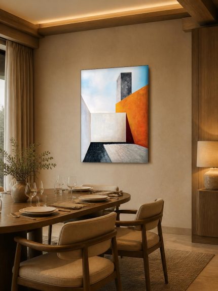 Geometrische Compositie in Oker en Wit, Abstract & Modern schilderij aan de muur in interieur
