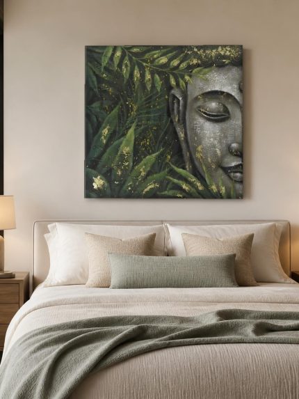Stille Boeddha in Bladgroen, Mensen & Portretten schilderij aan de muur in interieur