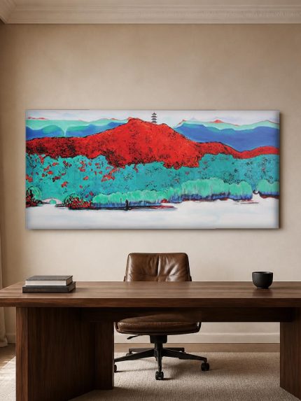 Rode Bergtop met Verscholen Pagode, Natuur & Landschap schilderij aan de muur in interieur
