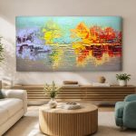 Gouden Weerspiegeling, Abstract & Modern schilderij aan de muur in interieur