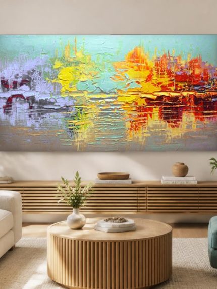 Gouden Weerspiegeling, Abstract & Modern schilderij aan de muur in interieur