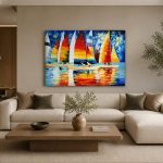 Kleurrijke zeilboten aan het water, Natuur & Landschap schilderij aan de muur in interieur