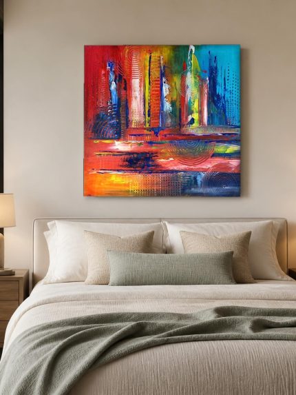 Kleurstad in Beweging, Abstract & Modern schilderij aan de muur in interieur