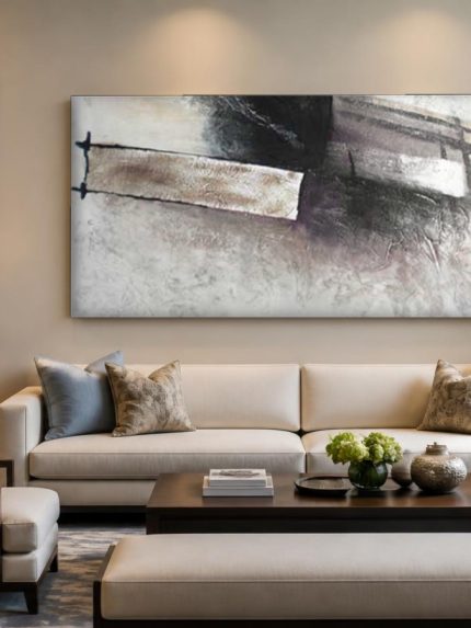 Zwarte Reliëfstructuur, Abstract & Modern schilderij aan de muur in interieur